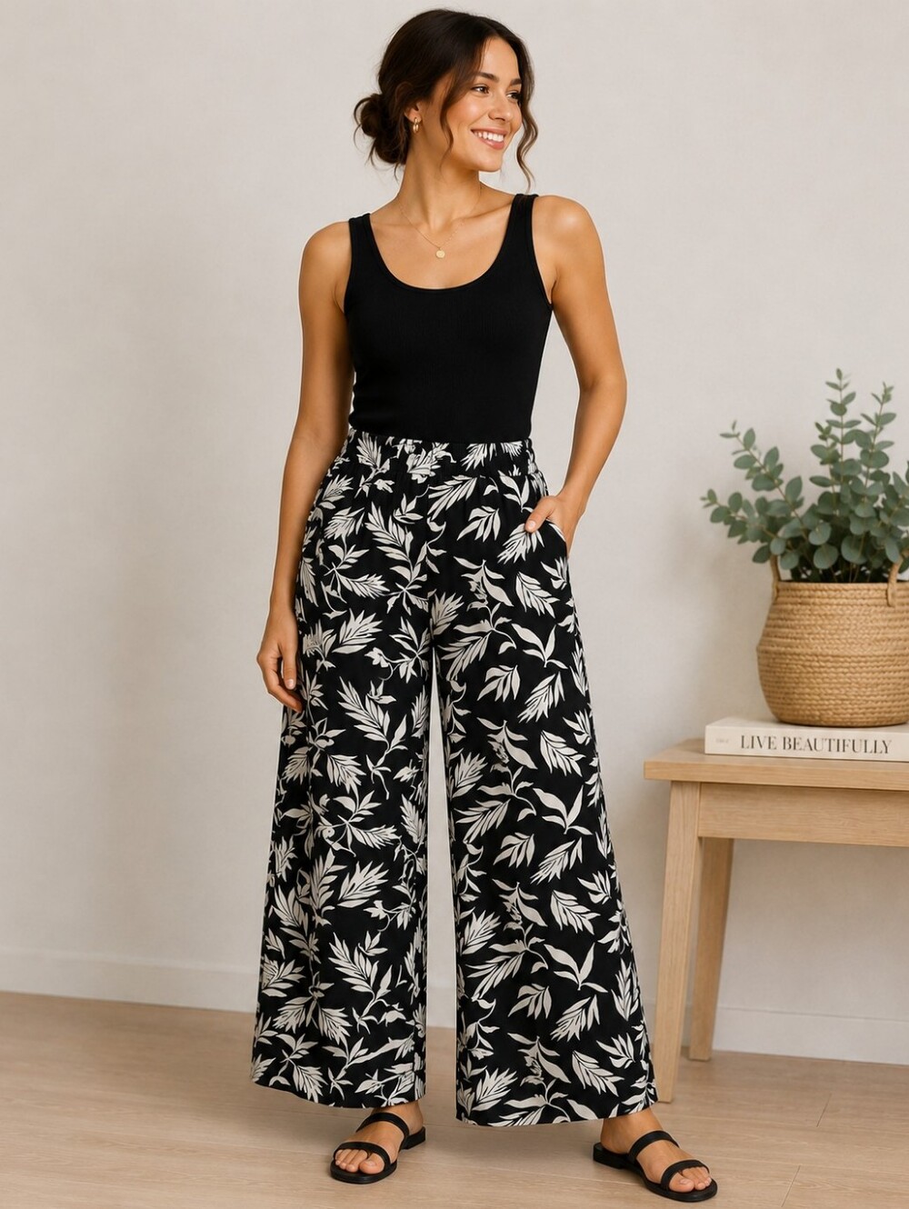 LOFT Black White Botanical Leaf Wide Leg Pants Small A-30